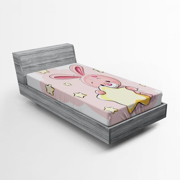 Ambesonne Feminine Fitted Sheet, Rabbit Bunny with a Star, Twin XL Size, Yellow Pink