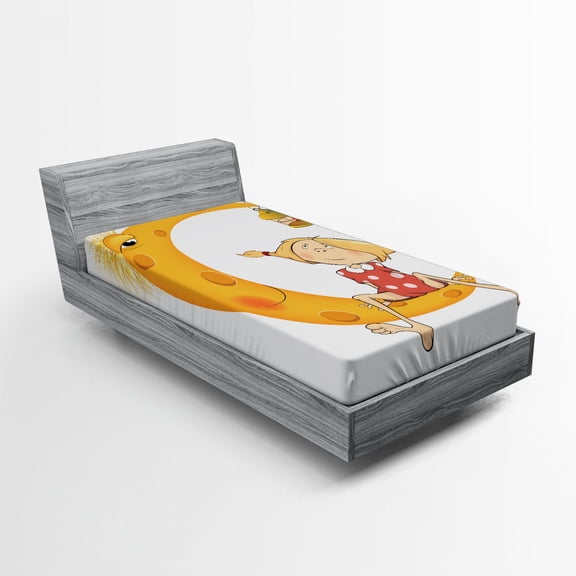 Ambesonne Feminine Fitted Sheet, Sitting on the Moon, Twin XL Size, Orange