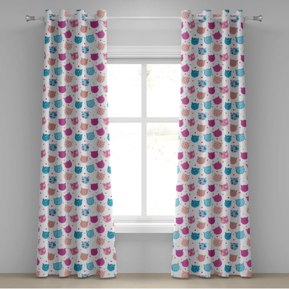 Ambesonne Feminine Grommet Curtain, Patterned Kitten Heads, 50" x 84", Fuchsia and Blue