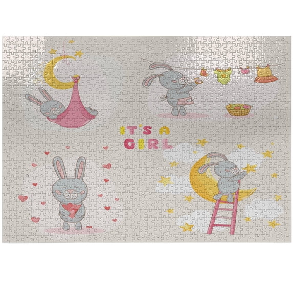 Ambesonne Feminine Jigsaw Puzzle, Bunny Love Moon, Heirloom-Quality Fun Activity for Family Durable Cardboard, 1000 pcs, Yellow Beige
