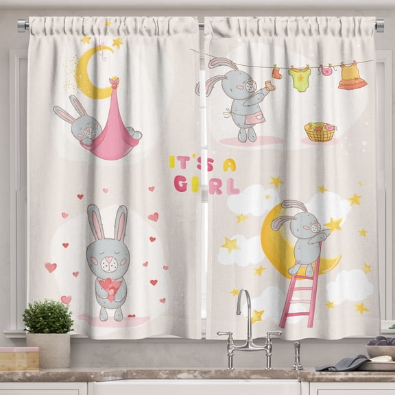 Ambesonne Feminine Kitchen Curtains, Bunny Love Moon, 55"x45", Yellow Beige