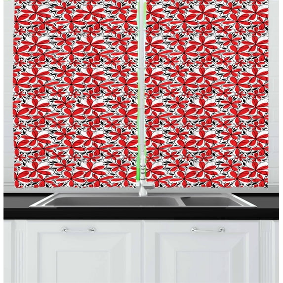 Ambesonne Feminine Kitchen Curtains, Doodle Flower Romance Art, 55"x45", Scarlet White Black