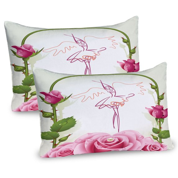 Ambesonne Feminine Pillow Sham 2 Pack, Dancing Ballerina Line Art, 30"x20", Pink Green Grey Yellow
