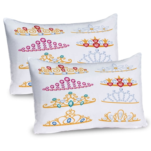 Ambesonne Feminine Pillow Sham 2 Pack, Golden Gemstones Tiaras, 26"x20", Yellow Pink Red
