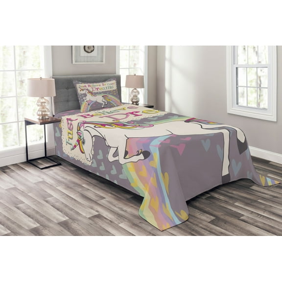 Ambesonne Feminine Quilted Bedspread Set 2 Pcs, Believe in Your Dreams Say, Twin Size, Beige and Lilac