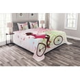 thumbnail image 1 of Ambesonne Feminine Quilted Bedspread Set 3 Pcs, Cherry Bloom Lady Bike, Queen Size, Green Pink, 1 of 3