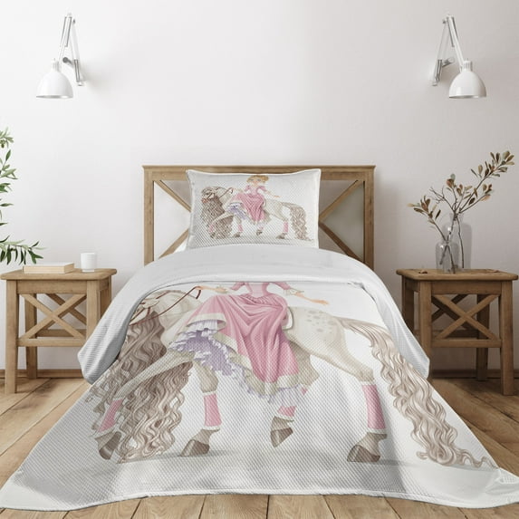 Ambesonne Feminine Quilted Coverlet 2 Pcs, Cartoon on White Horse, Twin Size, Cream Pink