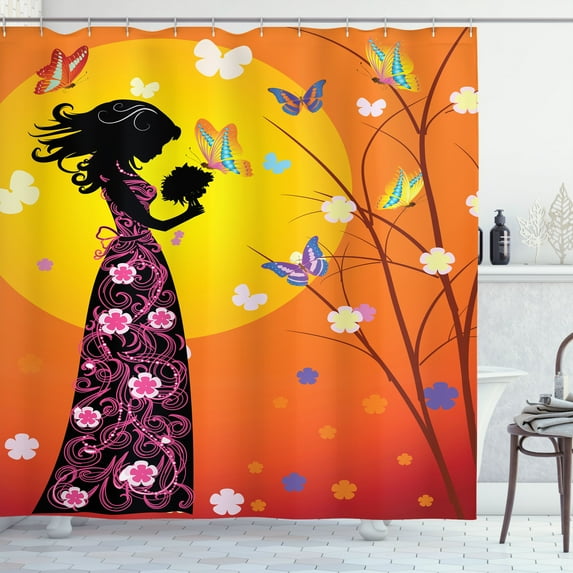 Ambesonne Feminine Shower Curtain, Floral Dress, 69"Wx75"L, Orange Black