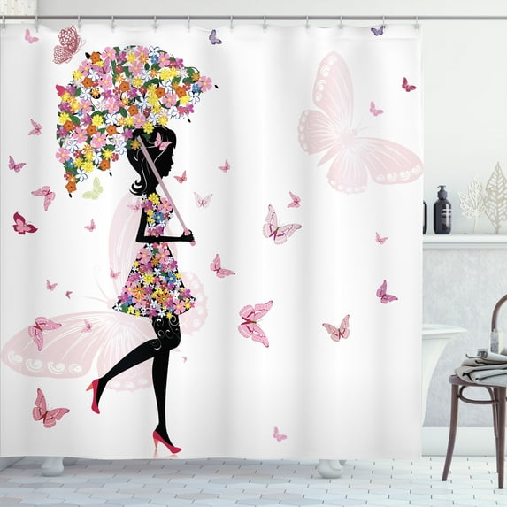 Ambesonne Feminine Shower Curtain, Floral Umbrella Dress, 69"Wx75"L, Black and Pink