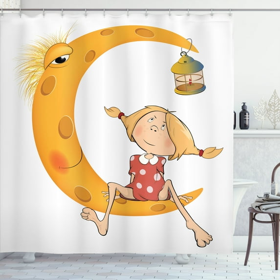 Ambesonne Feminine Shower Curtain, Sitting on the Moon, 69"Wx84"L, Orange