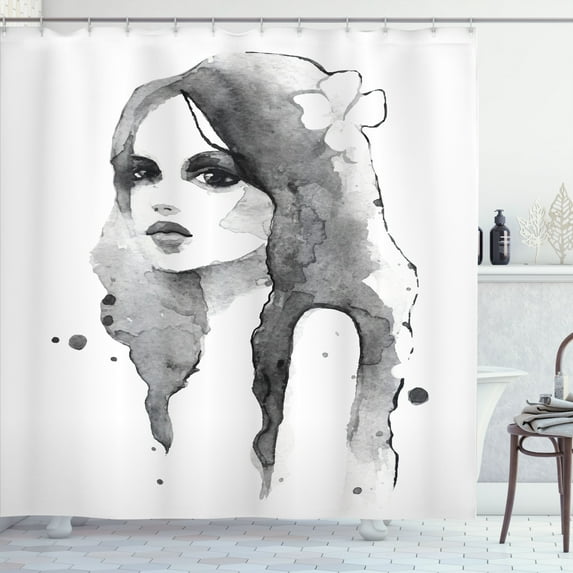 Ambesonne Feminine Shower Curtain, Watercolor Portrait Art, 69"Wx75"L, White Black