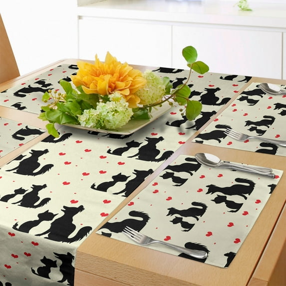 Ambesonne Feminine Table Runner & Placemats, Dog Cat Pet Love Romance, Placemat 4 pcs + Runner 12"x90", Beige Black Red