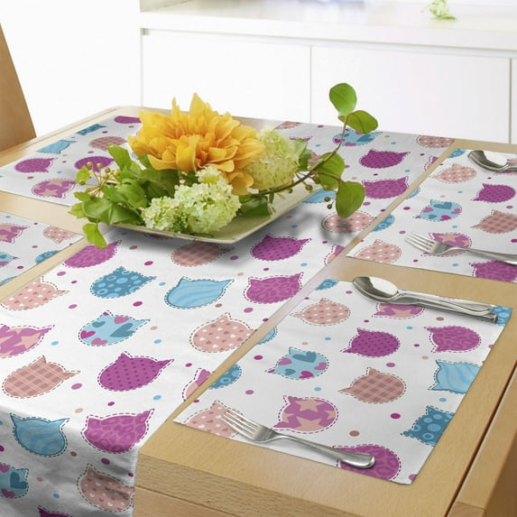 Ambesonne Feminine Table Runner & Placemats, Patterned Kitten Heads, Placemat 4 pcs + Runner 16"x72", Fuchsia and Blue