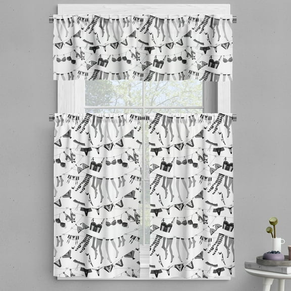 Ambesonne Feminine Valance & Curtain, Laundry on Washing Line, 55"x36", Charcoal Grey White