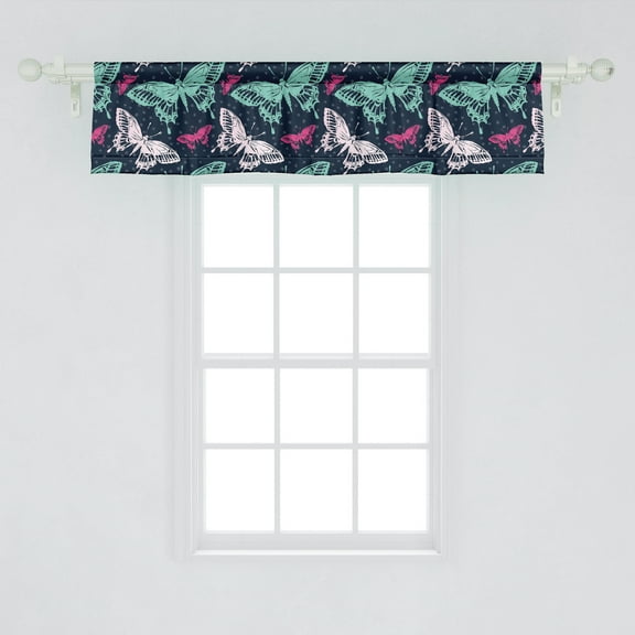 Ambesonne Feminine Window Valance, Colorful Silhouettes of Butterfly on Dark Backdrop and Polka Dots, Curtain Valance for Kitchen Bedroom Decor with Rod Pocket, 54" X 12", Multicolor