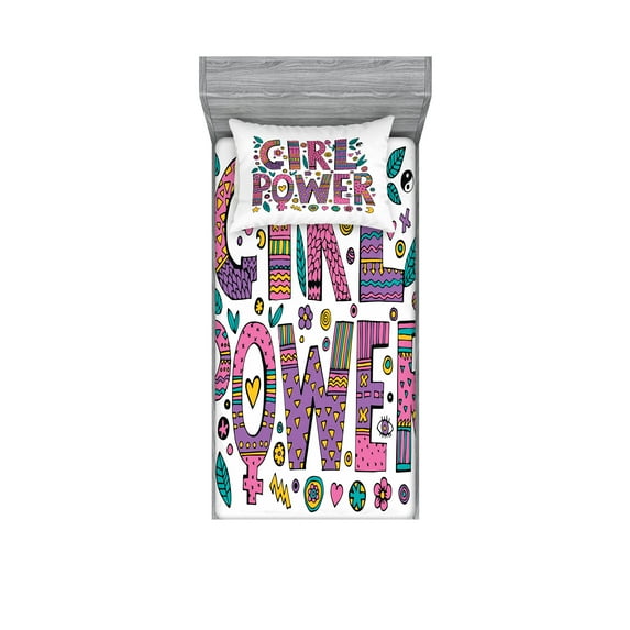 Ambesonne Feminist Fitted Sheet & Pillow Sham Set, Hippie Boho Girl Words, Twin, Multicolor