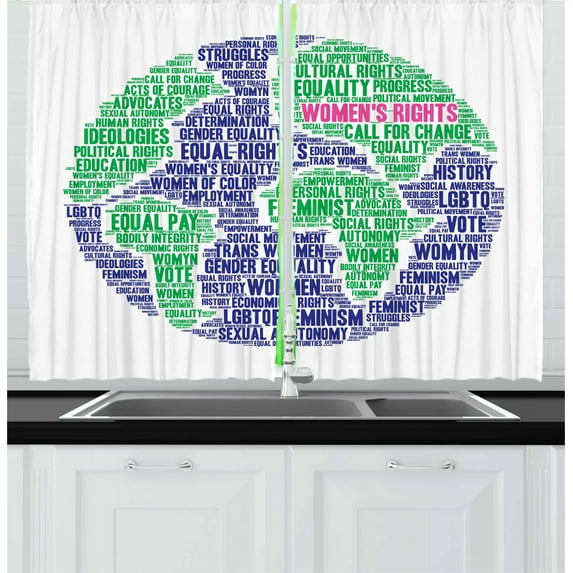 Ambesonne Feminist Kitchen Curtains, Equality Around World, 55"x45", Indigo Fern Green Pink