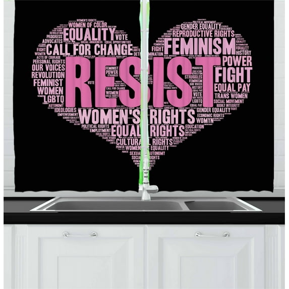 Ambesonne Feminist Kitchen Curtains, Heart Shape Phrase, 55"x45", Pink Black and Rose