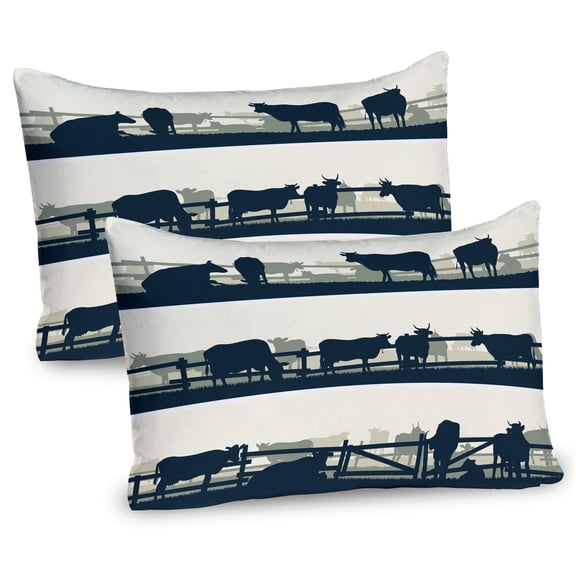 Ambesonne Fence Pillow Sham 2 Pack, Farm Grazing Cows and Bulls, 26"x20", Petrol Blue Off White