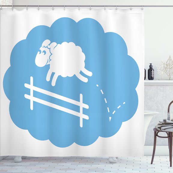 Ambesonne Fence Shower Curtain, Counting Sheep Cloud Jumping, 69"Wx84"L, Pale Azure Blue White
