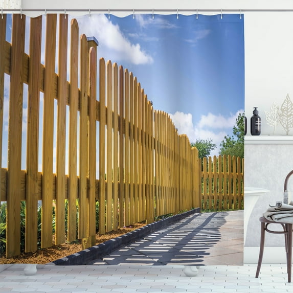 Ambesonne Fence Shower Curtain, Terrace in Summer Day Sky, 69"Wx84"L, Pale Coffee Violet Blue