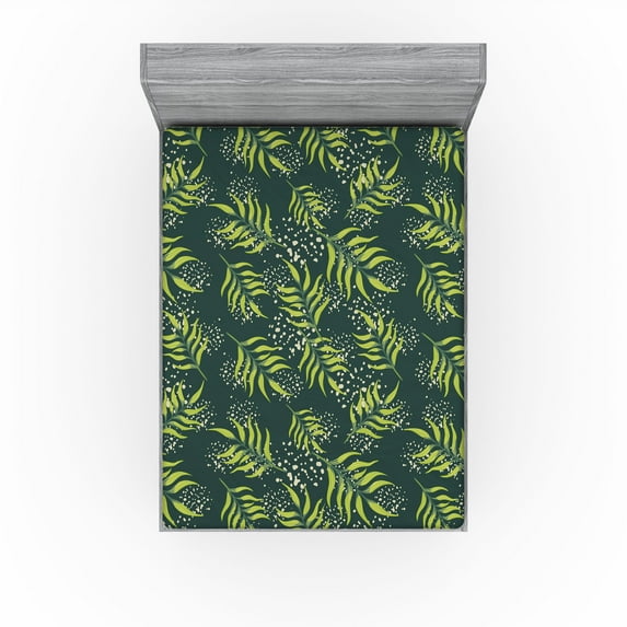 Ambesonne Fern Leaves Fitted Sheet, Leafy Jungle Pattern, King Size, Lime Green Forest Green