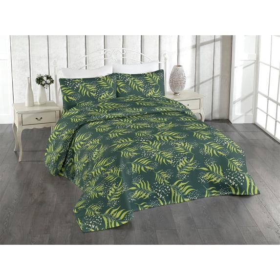 Ambesonne Fern Leaves Quilted Bedspread Set 3 Pcs, Leafy Jungle Pattern, Twin, Lime Green Forest Green