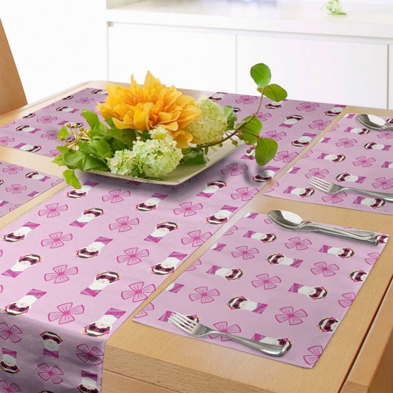 Ambesonne Ferret Table Runner & Placemats, Animal with Glasses Scarf, Placemat 4 pcs + Runner 12"x90", Pale Pink Fuchsia