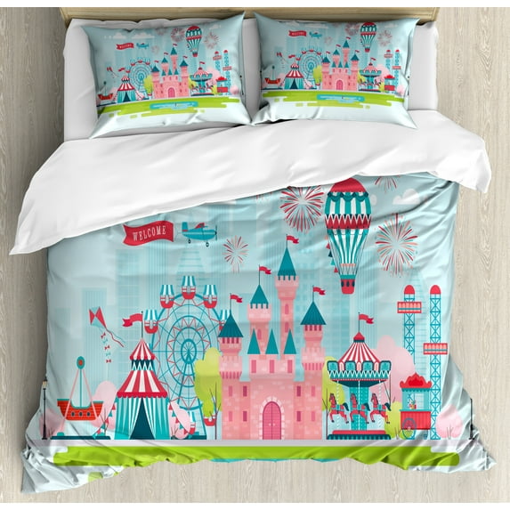 Ambesonne Ferris Wheel Duvet Cover Sets, Cartoon Fun, 2-King, Pale Blue Multicolor