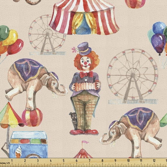 Ambesonne Ferris Wheel Fabric by the Yard Upholstery, Watercolor Circus Art, 1 Yard, Pale Peach Multicolor