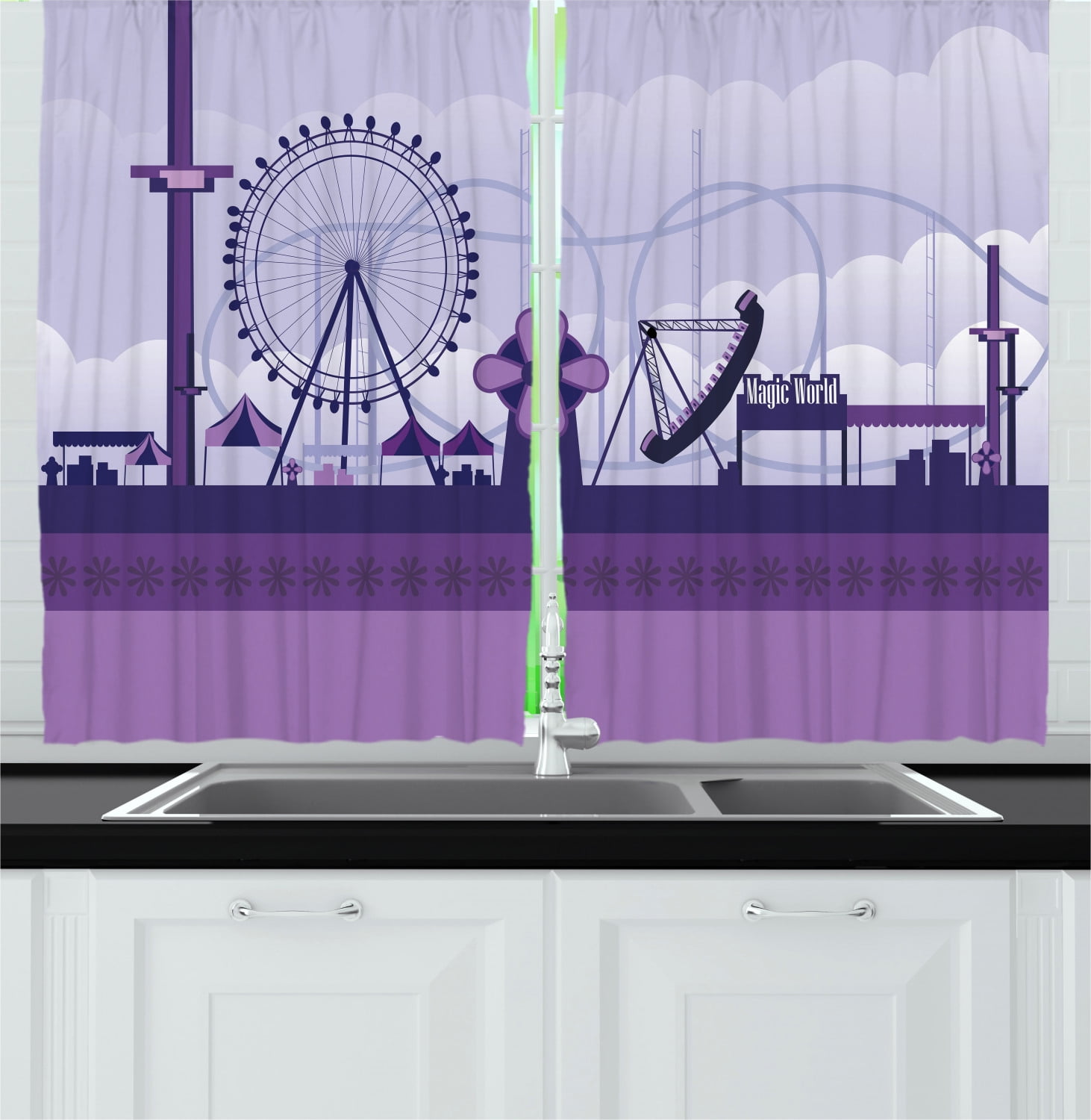 Ambesonne Ferris Wheel Kitchen Curtains, Park Fair Grounds, 55"x39