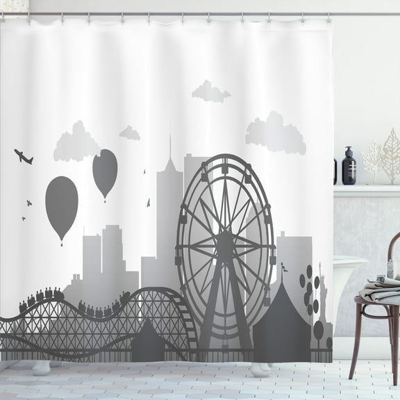 Ambesonne Ferris Wheel Shower Curtain, Park Silhouette City, 69"Wx84"L, Grey Pale Grey and White