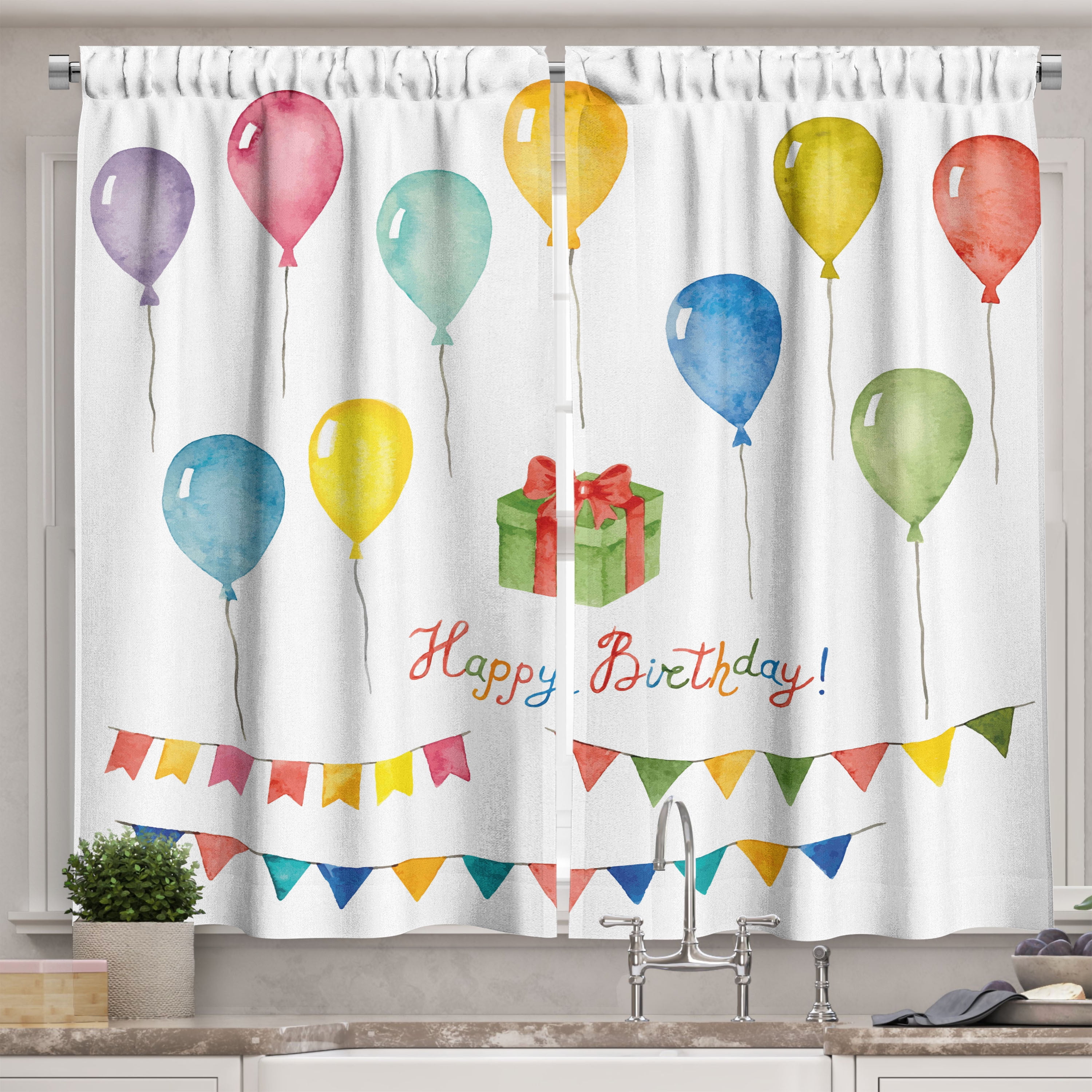 Ambesonne Festival Kitchen Curtains, Watercolor Birthday, 55"x39", Multicolor