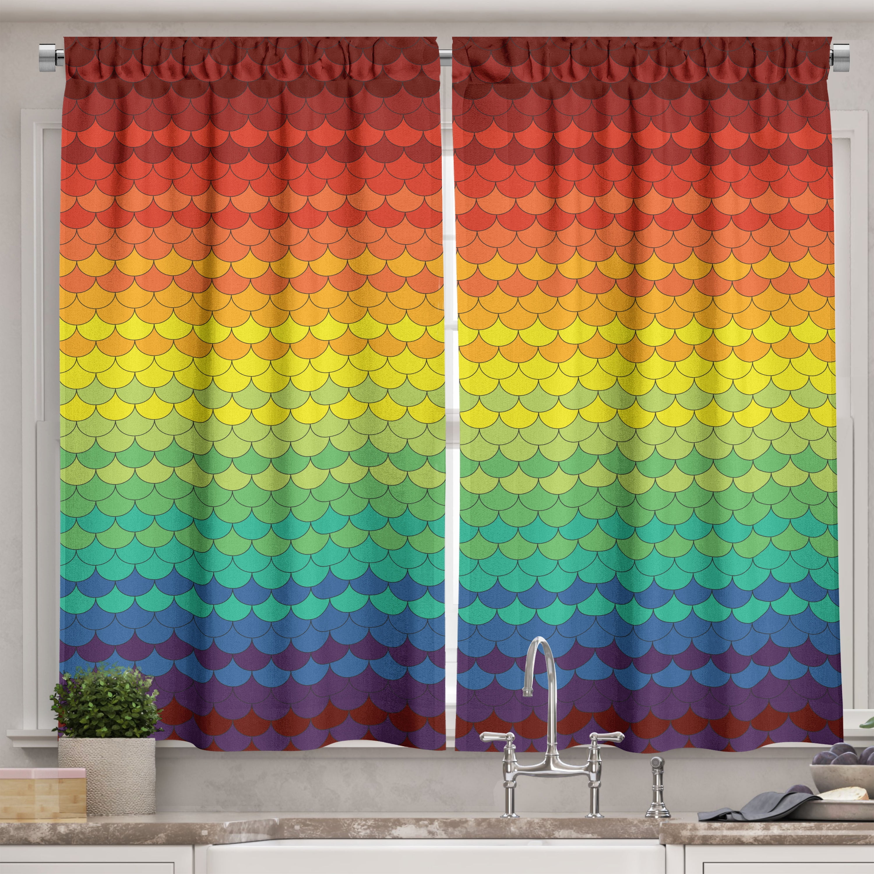 Colorful Rainbow Striped Polyester Kitchen Tier Curtains