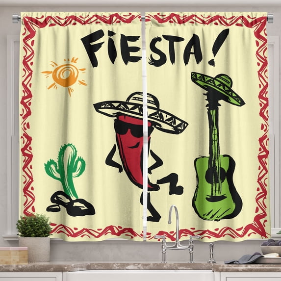 Ambesonne Fiesta Kitchen Curtains, Mexican Party Red Pepper, 55"x39", Multicolor