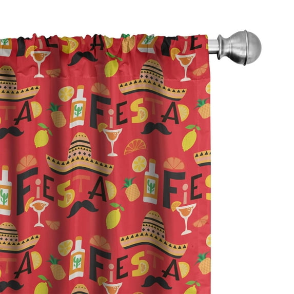 Ambesonne Fiesta Party Window Curtains, Ornament of Mexico, Each 28" W x 63" L, Dark Coral and Yellow