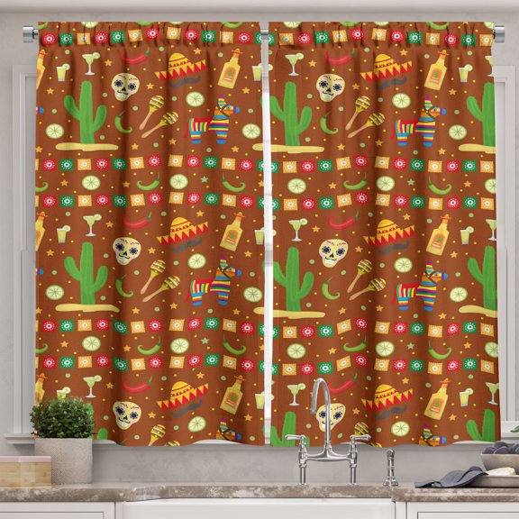 Ambesonne Fiesta Party Kitchen Curtains, Holiday Mexico Art, 55"x24", Redwood Fern Green
