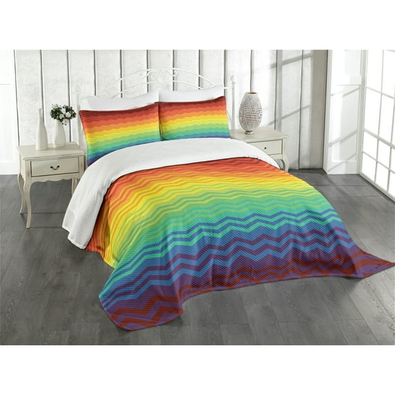 Ambesonne Fiesta Quilted Bedspread Set 3 Pcs, Tribal Culture Zigzags, King Size, Multicolor