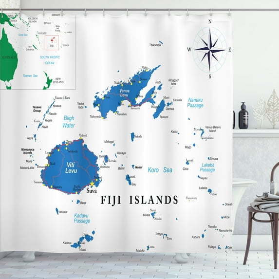 Ambesonne Fiji Shower Curtain, Mapping with Names Written, 69"Wx70"L, White Cobalt Blue Green