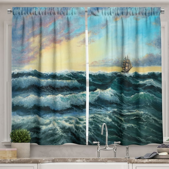 Ambesonne Fine Art Kitchen Curtains, Ship in the Sea Painting, 55"x45", Multicolor