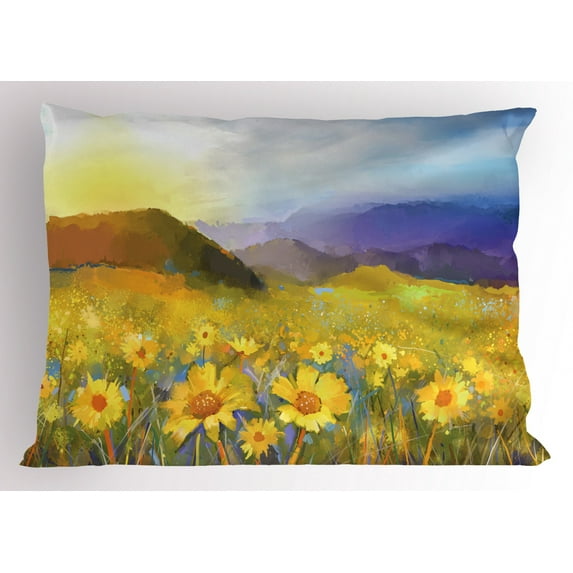 Ambesonne Fine Art Pillow Sham, Daisy Blossoming Meadow, 26" X 20", Multicolor