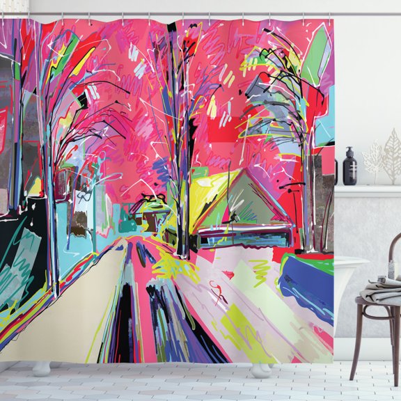 Ambesonne Fine Art Shower Curtain, Funky Streets Sketch Trees, 69"Wx75"L, Multicolor