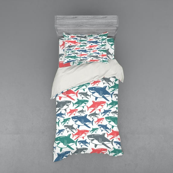 Ambesonne Fish Bedding Set 3 Pcs, Colorful Shark Patterns, Twin XL, Multicolor