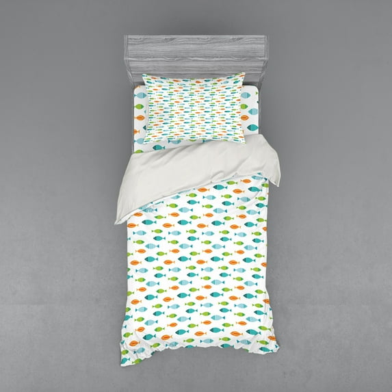 Ambesonne Fish Bedding Set 3 Pcs, Geometric Shapes and Stripes, Twin, Multicolor