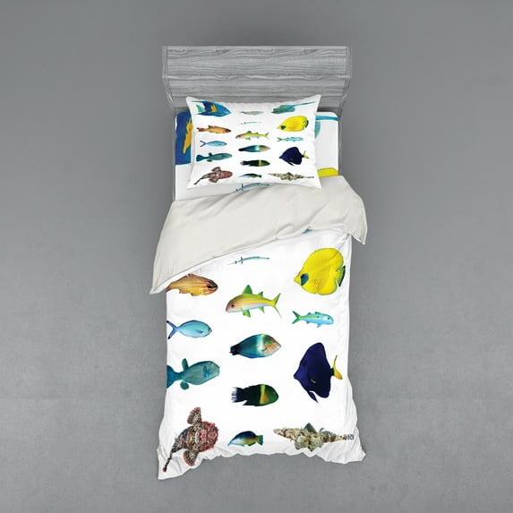 Ambesonne Fish Bedding Set 3 Pcs, Marine Life Creatures, Twin XL, Multicolor