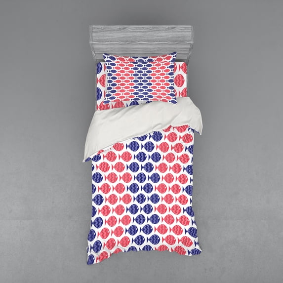 Ambesonne Fish Bedding Set 3 Pcs, Nautical Fish Theme Design, Twin, Red and Navy Blue