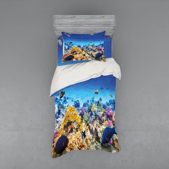 Ambesonne Fish Bedding Set 3 Pcs, Ocean Corals Goldfish, Twin, Turquoise