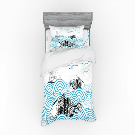 Ambesonne Fish Bedding Set 3 Pcs, Sketch Boat and Animals, Twin XL, Blue Black and White