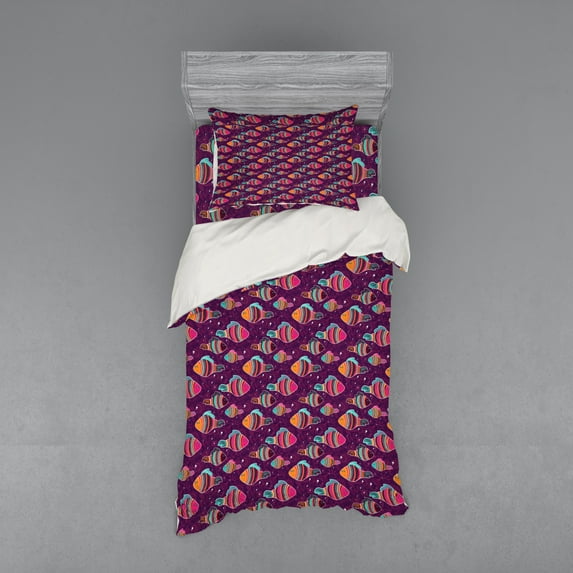 Ambesonne Fish Bedding Set 3 Pcs, Style Ornate, Twin, Plum Purple