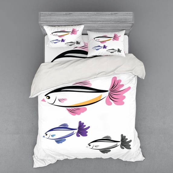 Ambesonne Fish Bedding Set 4 Pcs, Bird Faced Animals Swim, Queen, Dried Rose Dimgrey